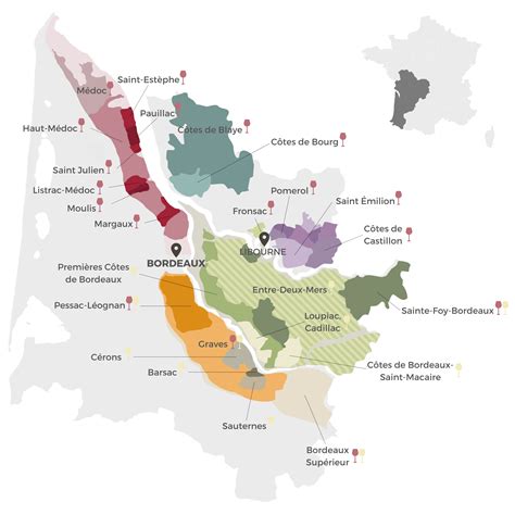 Mapa vinárskych oblastí Bordeaux s klasifikáciou Cru