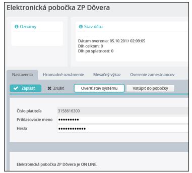 Rozhranie elektronickej pobočky Dôvera