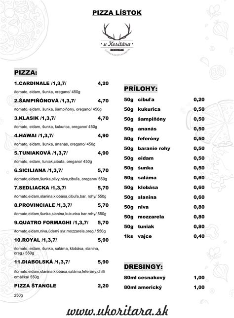 Rozmanitá ponuka pizze v pizzerii SC Seven Pizza
