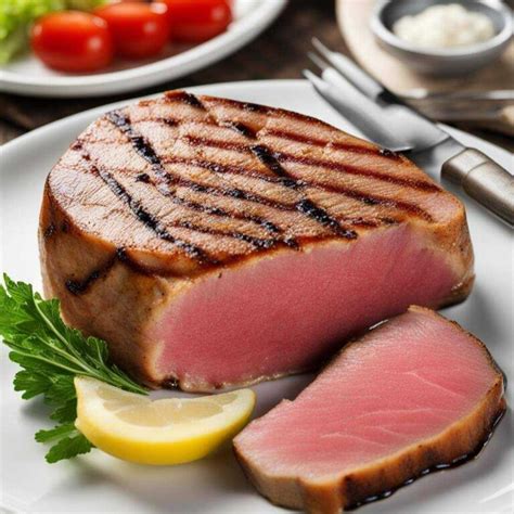 čerstvý steak z tuniaka žltoplutvého na drevenej doske s bylinkami
