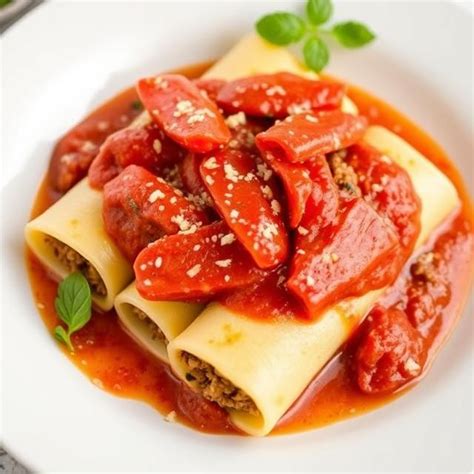 Hotové zapečené Cannelloni s paradajkovou omáčkou a bazalkou