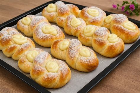 Zlatohnedé kysnuté koláče s vanilkovým pudingom na plechu