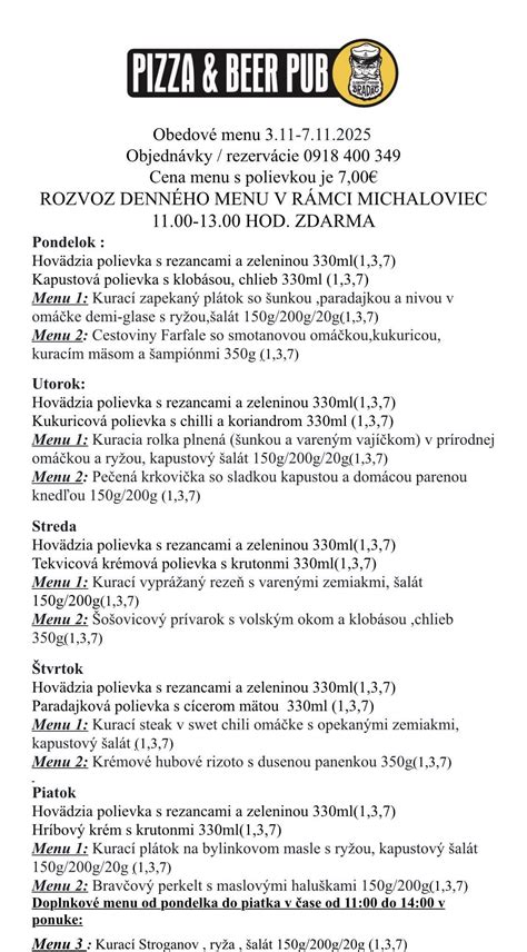 Ukážka denného menu s polievkou a hlavnými jedlami
