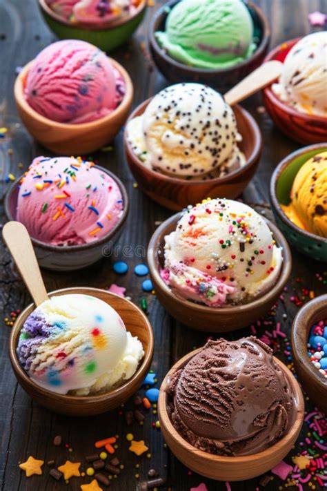A variety of colorful vegan ice cream scoops in bowls