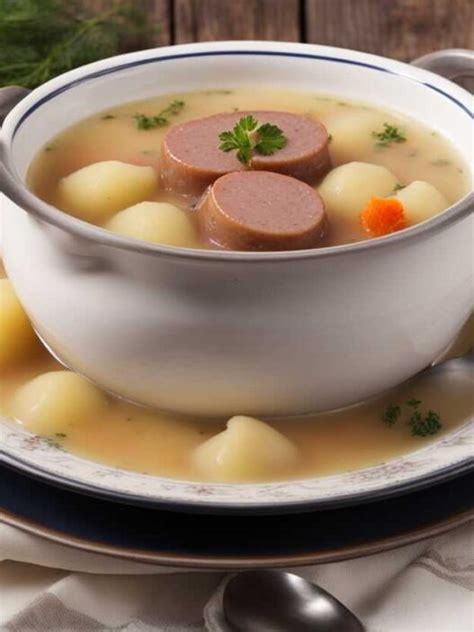 Miska frankfurtskej polievky s párkom a zemiakmi
