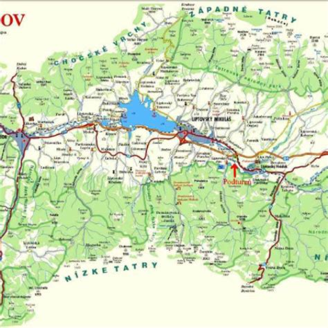 Mapa Liptova so zvýraznenými obcami