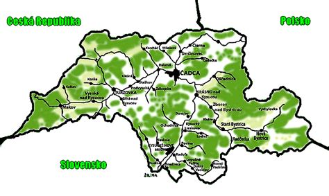 Mapa Kysúc s vyznačenými obcami a horskými osadami