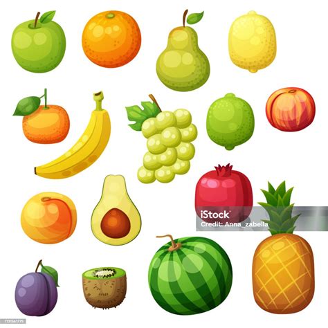 Kreslené obrázky rôzneho ovocia (jablko, pomaranč, banán, hrozno)