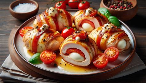 Kuracie prsia plnené mozzarellou a paradajkami na tanieri s prílohou