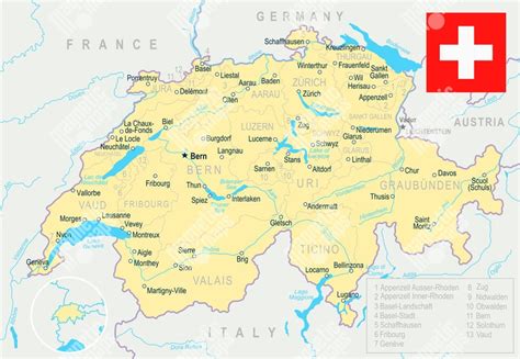 Mapa Švajčiarska s vyznačenými kantónmi