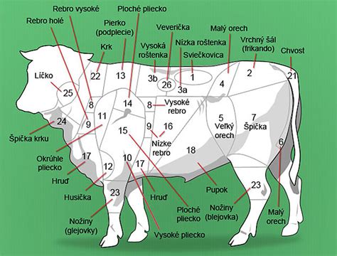 Mapa rezov hovädzieho mäsa s označením jednotlivých častí