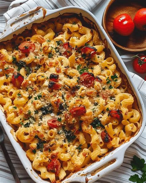 Hotové jedlo „Baked Feta Pasta“ pripravené v zapekacej mise