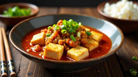 Ma Po Tofu s bravčovým mäsom, posypané zelenou cibuľkou