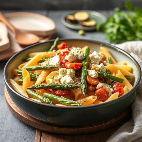 Penne zapečené so špargľou, fetou a zeleninou