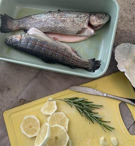 Rozmiestnené ingrediencie na kuchynskej linke: pstruh, citrón, cesnak, maslo, bylinky