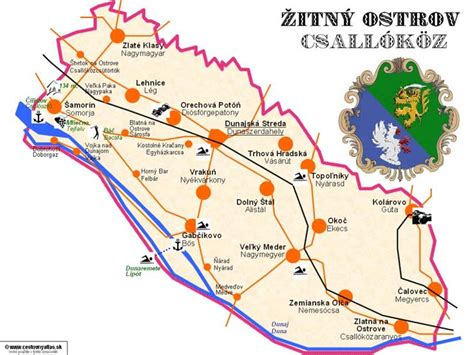 Mapa Žitného Ostrova s vyznačenou Orechovou Potôňou