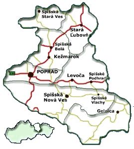 Mapa Spiša s vyznačenými historickými pamiatkami a kultúrnymi centrami