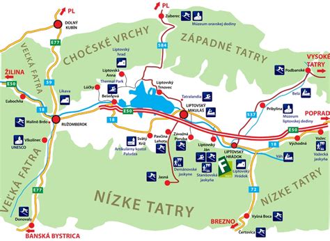 Mapa Liptova s hlavnými atrakciami