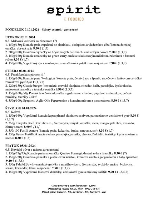 Denné menu reštaurácie Spirit