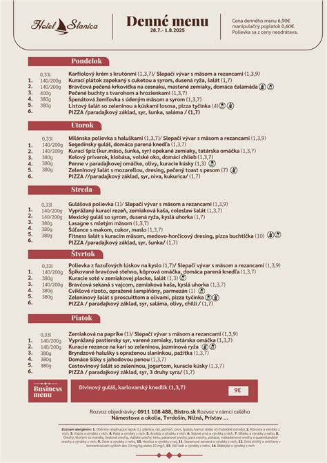 Ukážka denného menu hotela
