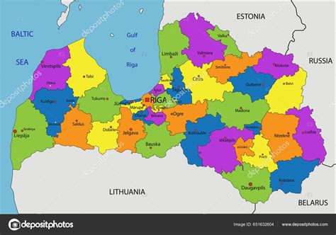 Mapa Lotyšska s vyznačenými regiónmi
