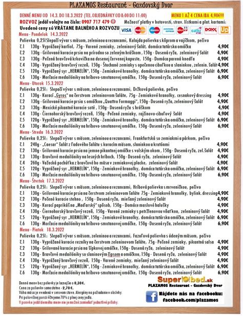 Ukážka denného menu v reštaurácii Gazdovský dvor