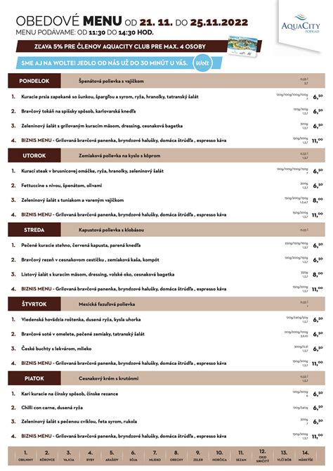 Ukážka denného menu s obedom v reštaurácii