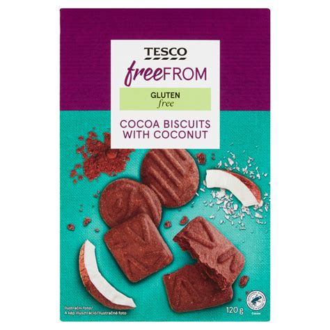 Balenie bezgluténových kakaových sušienok Tesco Free From s označením