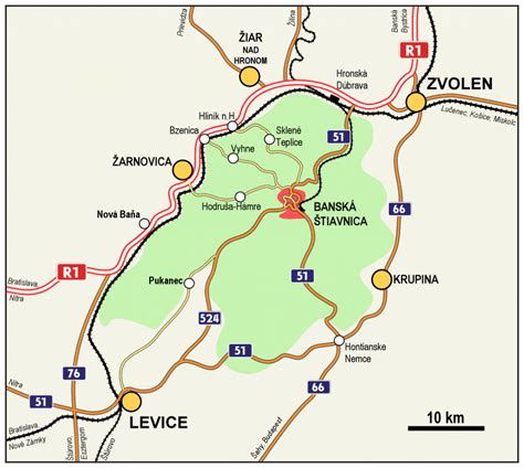 Mapa Banskej Štiavnice s vyznačenými pamiatkami a reštauráciami