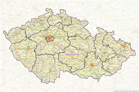 Mapa Čiech so zvýrazneným Husincom a Prahou