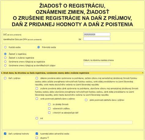 Snímka obrazovky: Elektronický formulár žiadosti o registráciu DPH