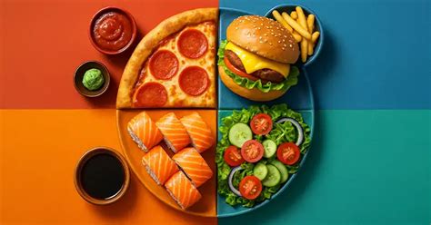 Ilustrácia rôznych druhov jedál - pizza, burger, sushi