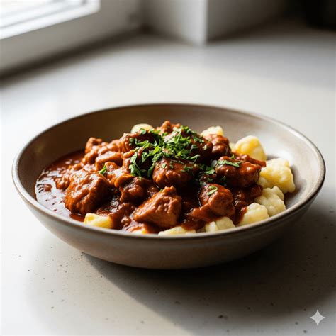 Servírovaný bravčový guláš s haluškami