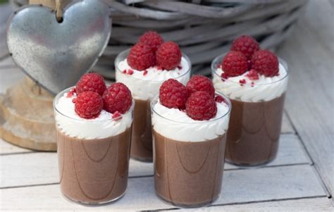 Čokoládová panna cotta s vrstvou malinového želé v pohári, ozdobená čerstvými malinami a čokoládovými hoblinkami.