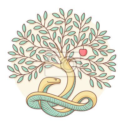 Ilustrácia hada, Evy a stromu poznania dobra a zla
