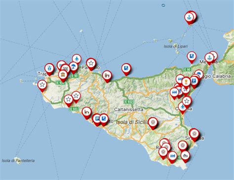 Mapa Sicílie s vyznačenými gastronomickými centrami