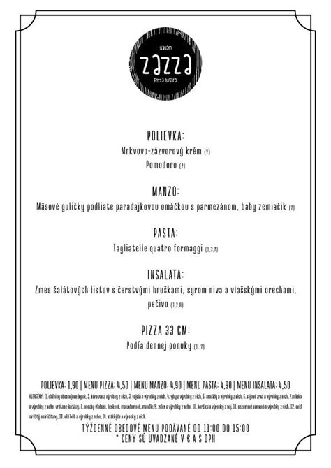 Ukážka rozmanitého menu Pizza Bistro Zazza
