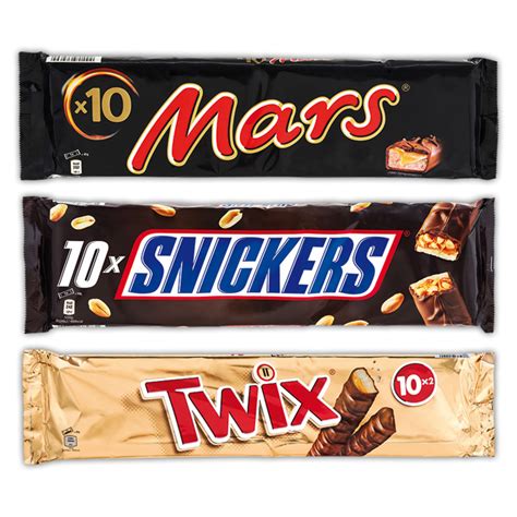 Sortiment čokoládových tyčiniek Snickers, Twix a Mars