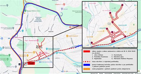 Mapa Banskej Bystrice s vyznačeným Námestím SNP a dopravnými obmedzeniami počas osláv
