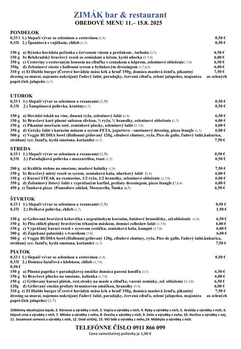 Príklad denného menu Martek Restaurant