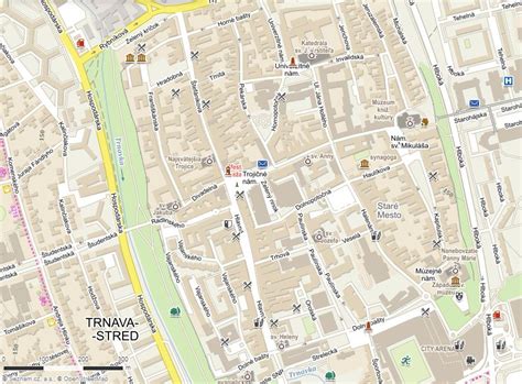 Mapa Trnavy s vyznačenými pizzeriami