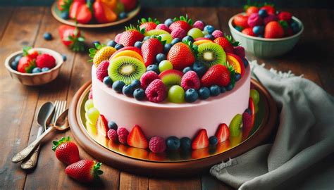 ukážka trasenej torty s rôznym ovocím na vrchu a šľahačkou