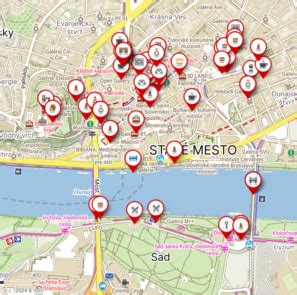 Mapa Bratislavy s vyznačenými pizzeriami s nočnou donáškou
