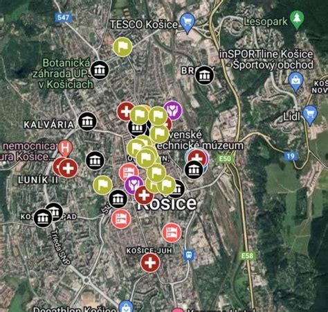 Mapa Košíc s vyznačenými oblasťami pre nákup ovocia a zeleniny