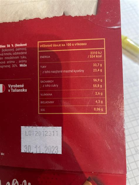 Etiketa s ingredienciami mliečnej čokolády