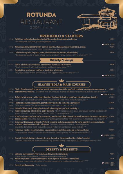 Menu s ponukou jedál a polievok