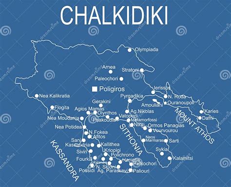 Mapa polostrova Chalkidiki s vyznačenou Horou Athos