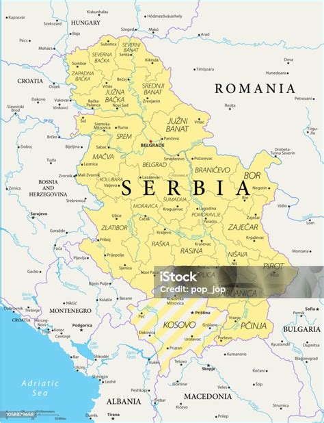 Mapa Srbska s vyznačenými vodnými plochami a kulinárskymi regiónmi