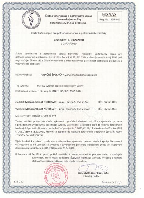 Certifikát Zaručená tradičná špecialita