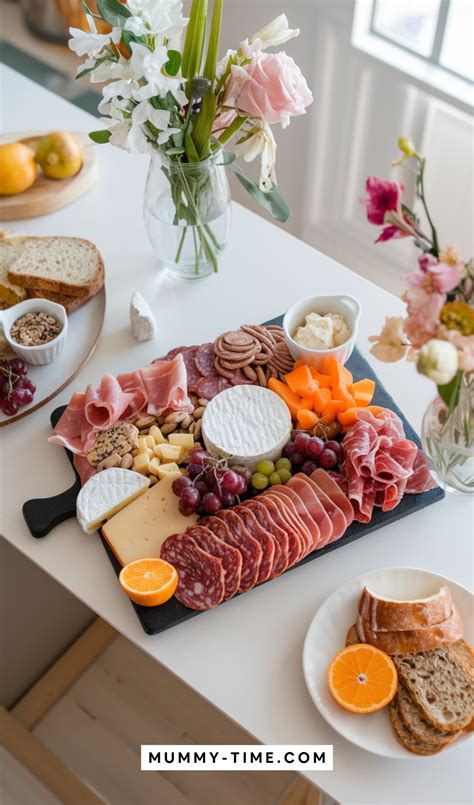 Elaborate charcuterie board with cheese, ham, fruit, and nuts